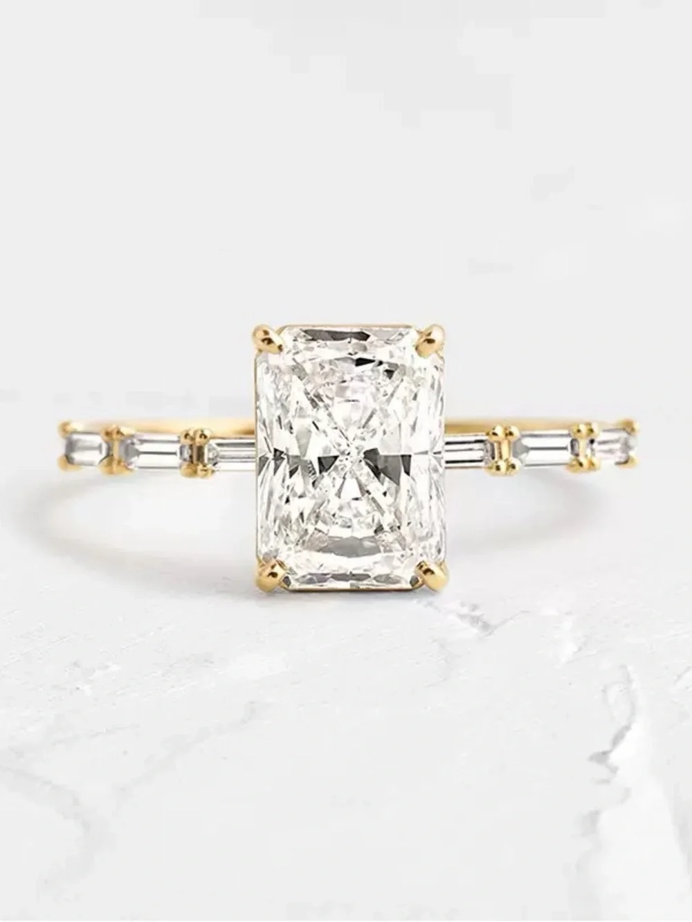 Radiant Cut CZ Engagement Ring 925 Silver 18K Gold Filled Baguette Sides Size 6
